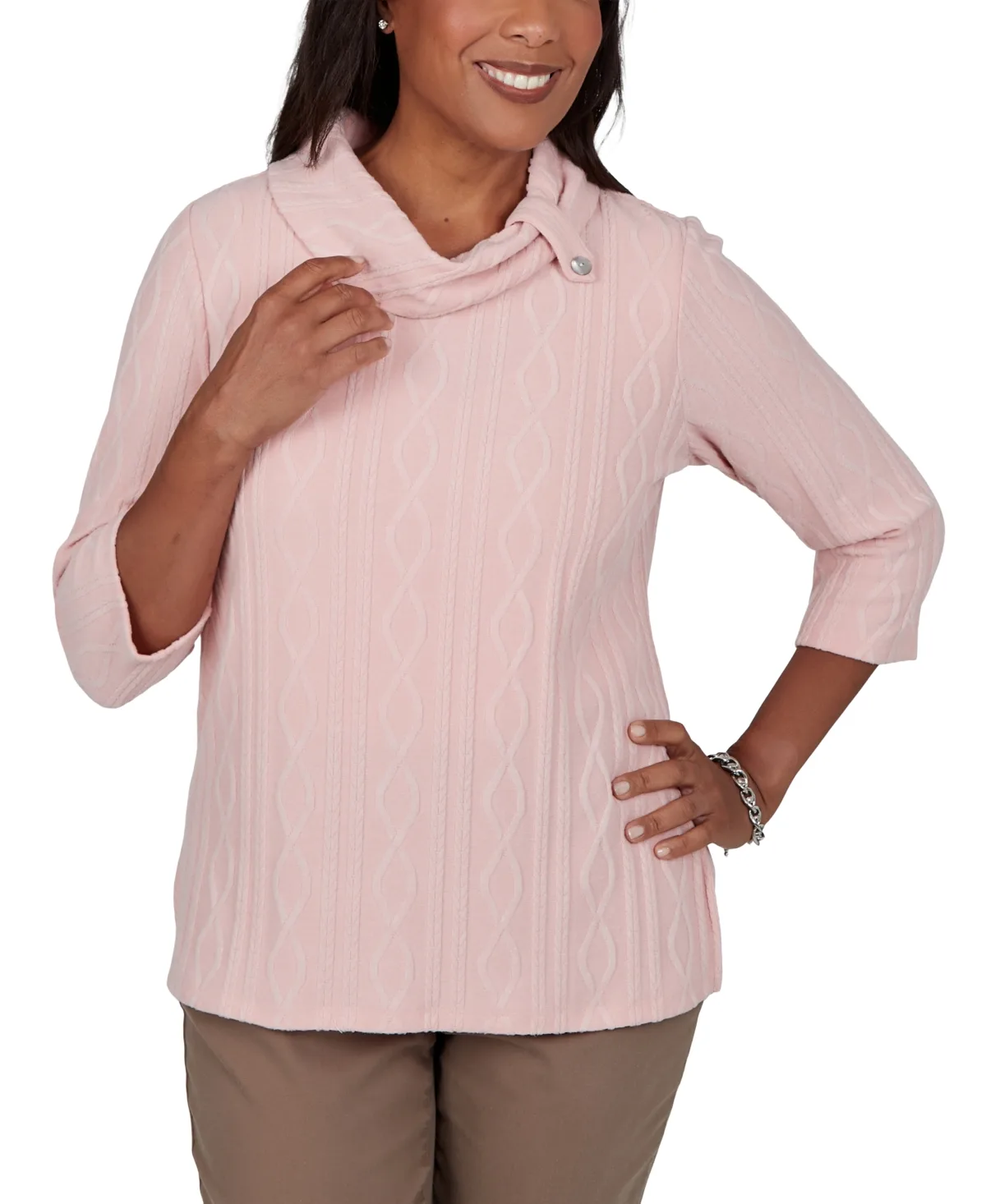 Cowl Neck 3/4-Sleeve Cable-Knit Pullover Top by Alfred Dunner
