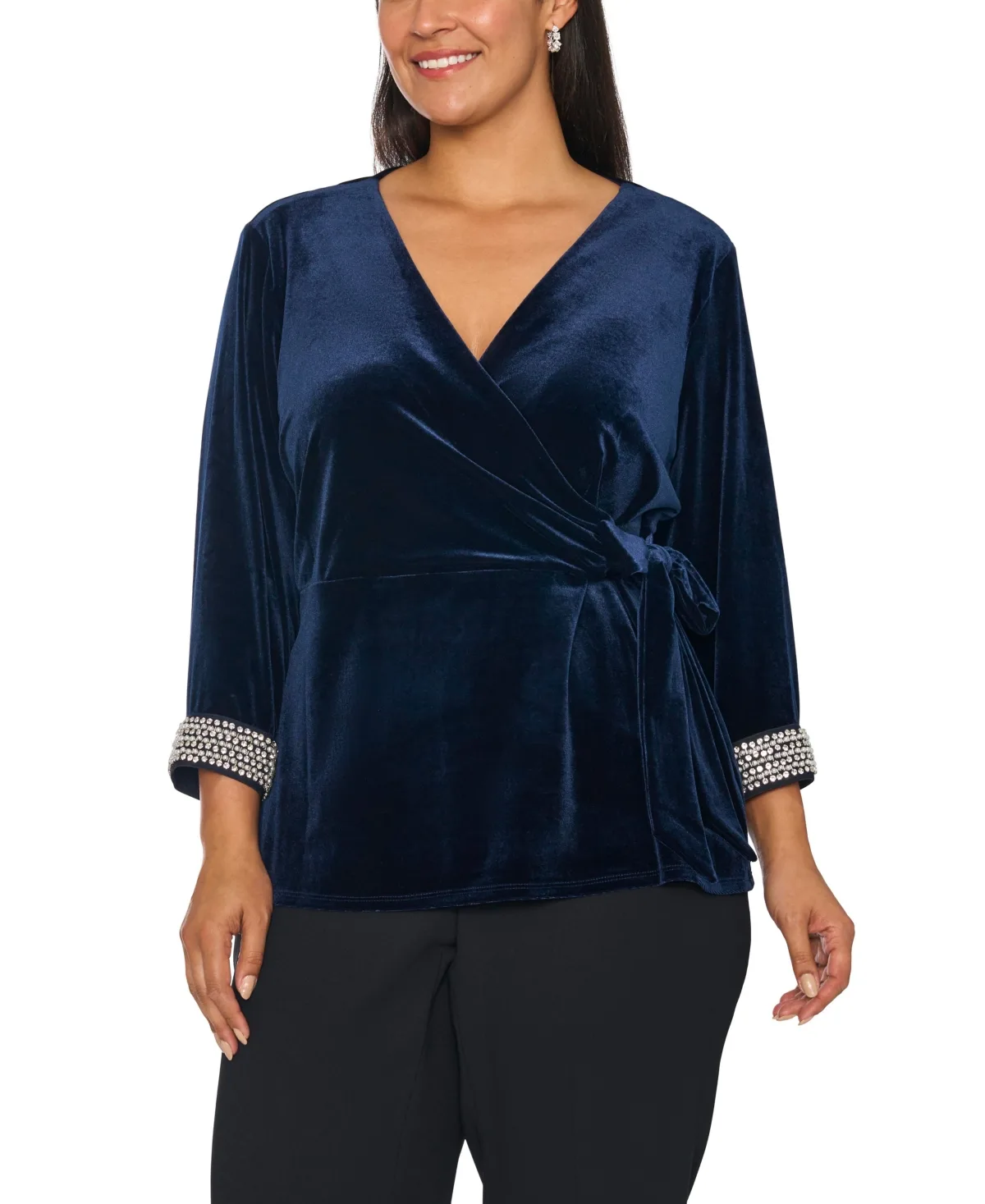 V-Neck Faux-Wrap 3/4-Sleeve Top by Msk