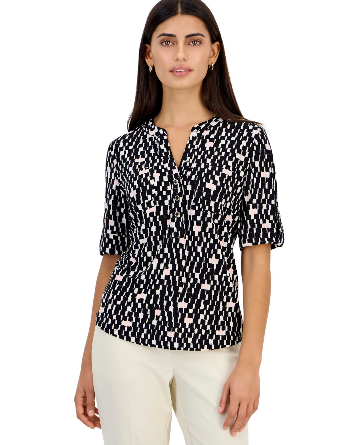 Essentials Button-Front Roll-Tab Sleeve V-Neck Knit Top by Anne Klein
