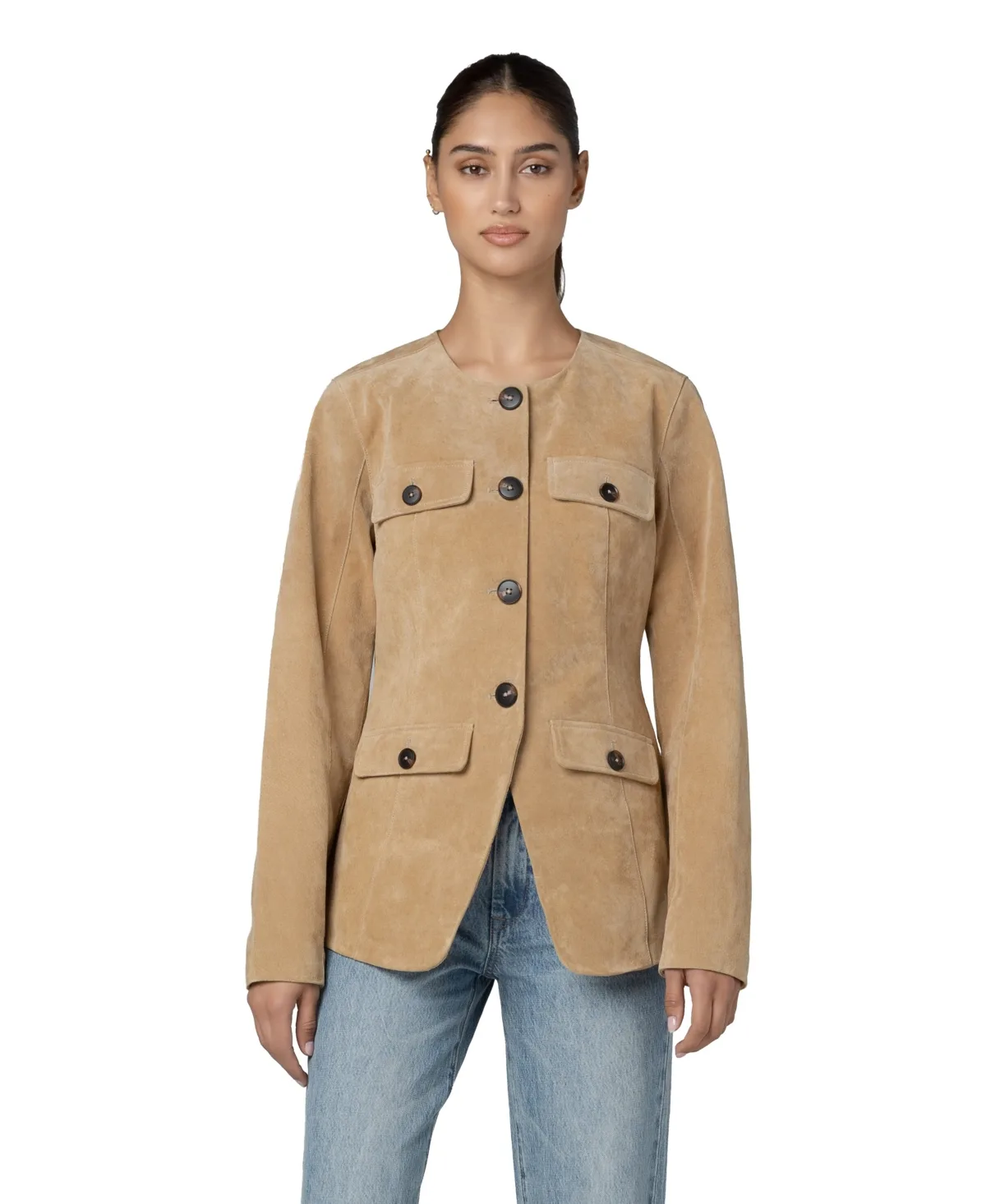 Collarless Scoop Neck Suede Jacket by Blank