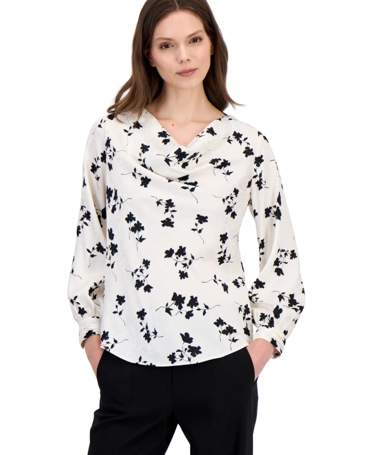 Floral-Print Cowl Neck Long-Sleeve Blouse by Anne Klein