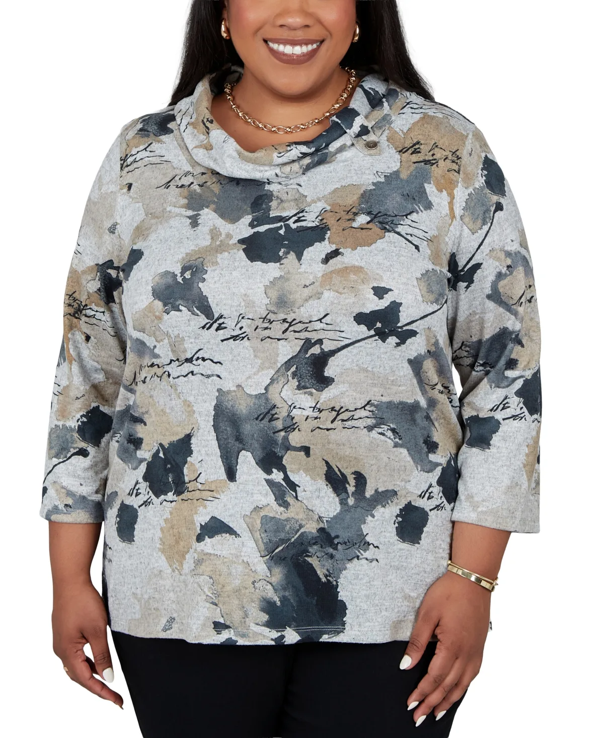 3/4-Sleeve Cowl Neck Side Slit Blouse by Alfred Dunner