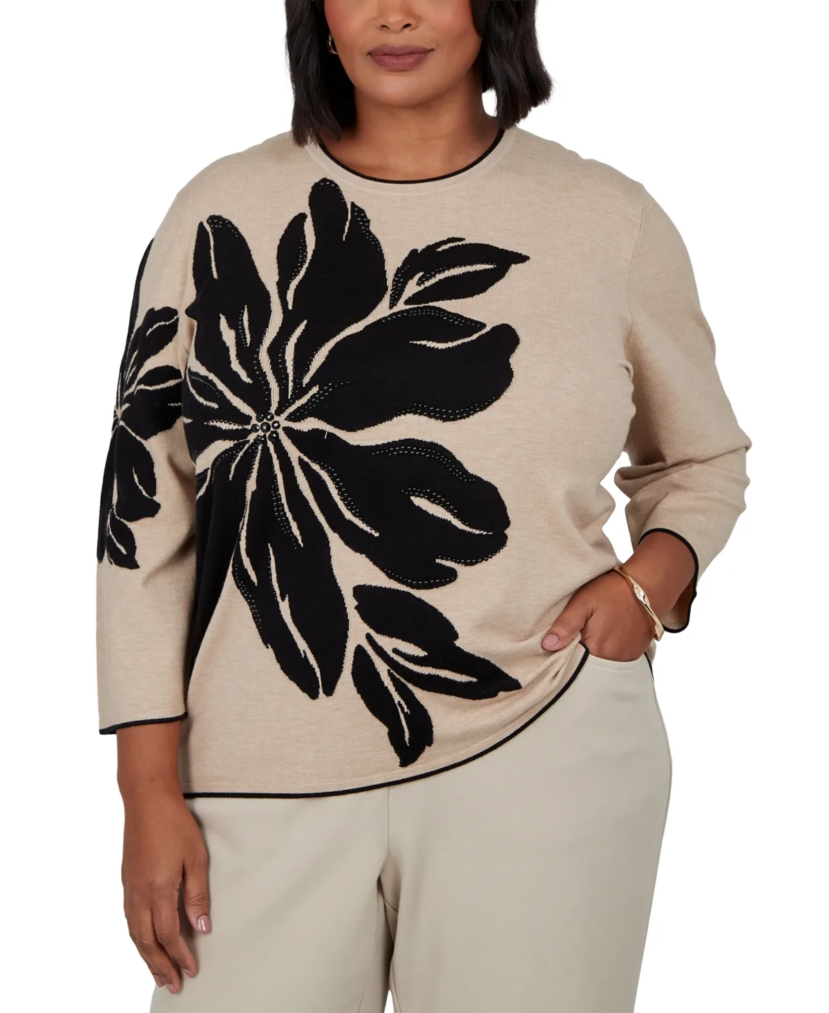 Loose 3/4-Sleeve Floral Pullover Sweater by Alfred Dunner