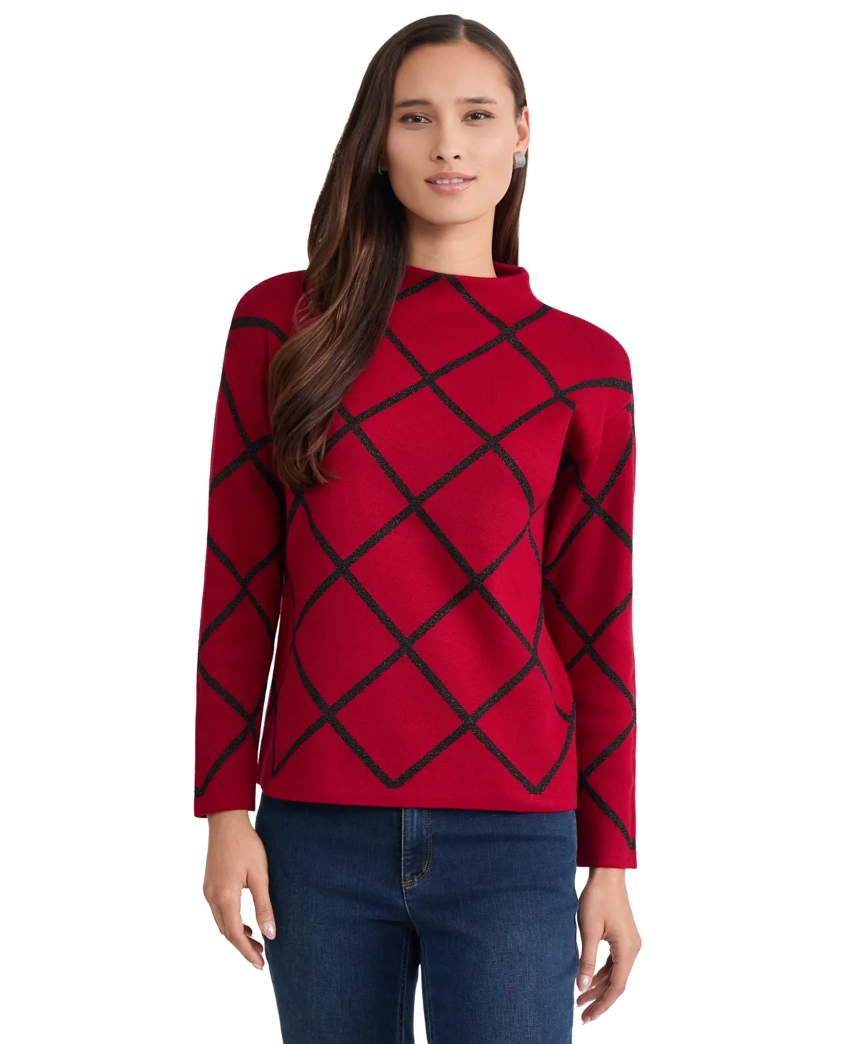 Lurex Diamond Funnel-Neck Long-Sleeve Sweater by Jones New York
