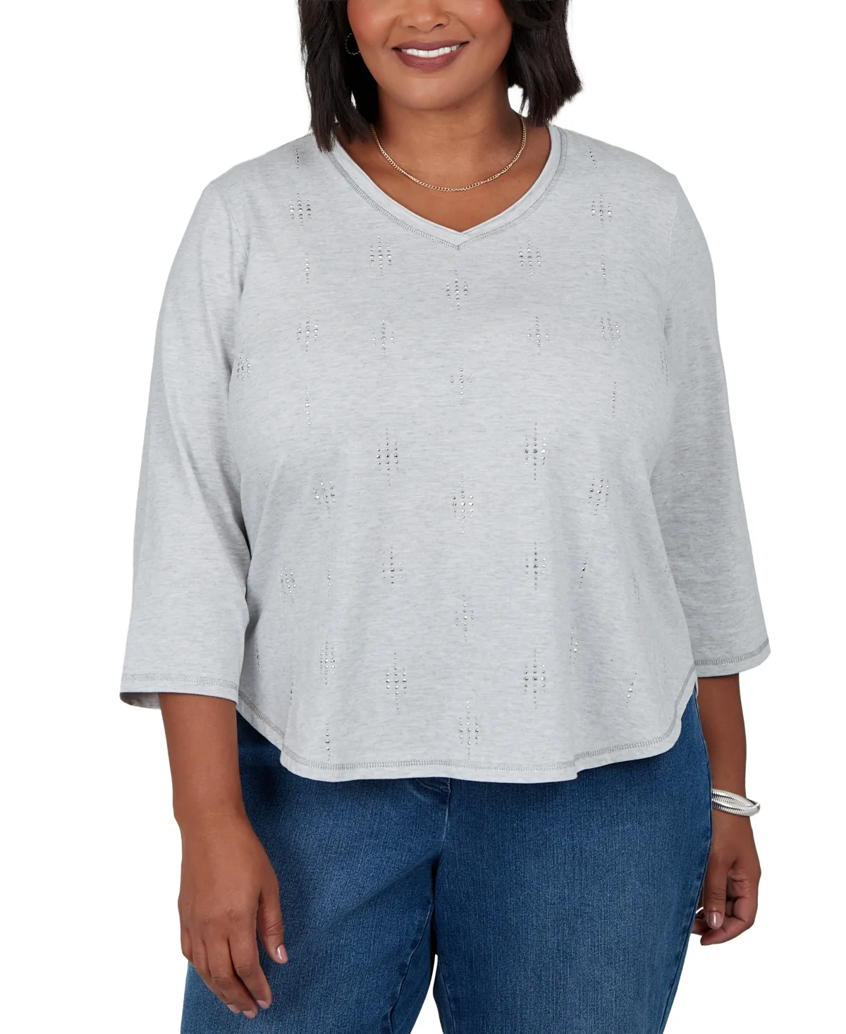 V-Neck 3/4-Sleeve Pointelle-Knit Blouse by Alfred Dunner