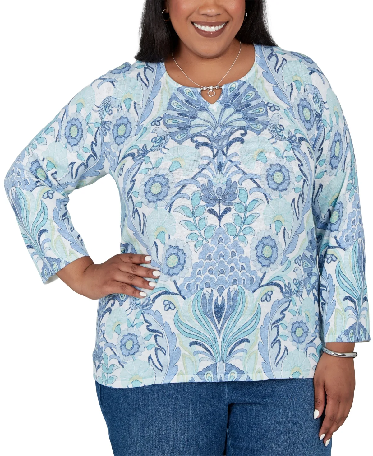 Floral 3/4-Sleeve Cotton-Blend Pullover Sweater by Alfred Dunner