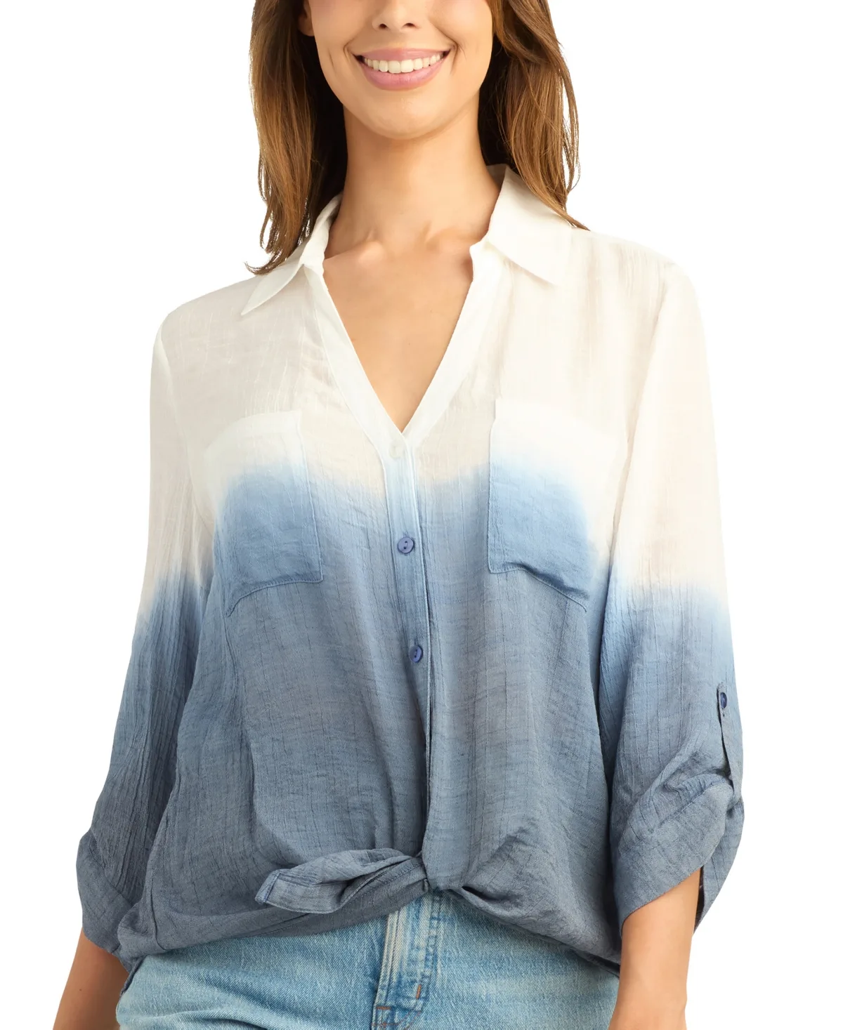 Dip Dye Gauzy Texture Tie-Front 3/4-Sleeve Blouse by Bcx