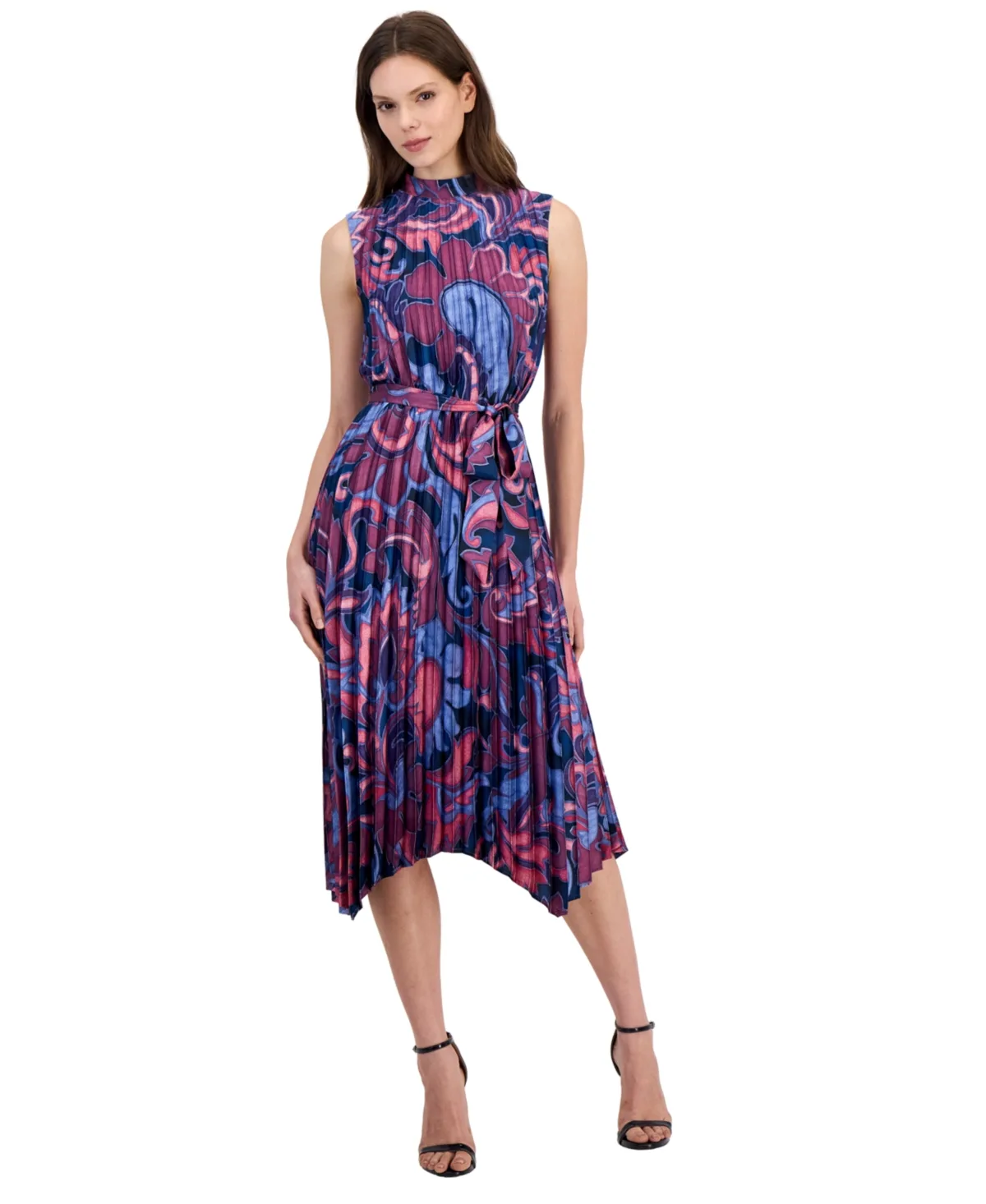 Pleated Trapeze Mock Neck Asymmetrical Midi Dress by Tahari