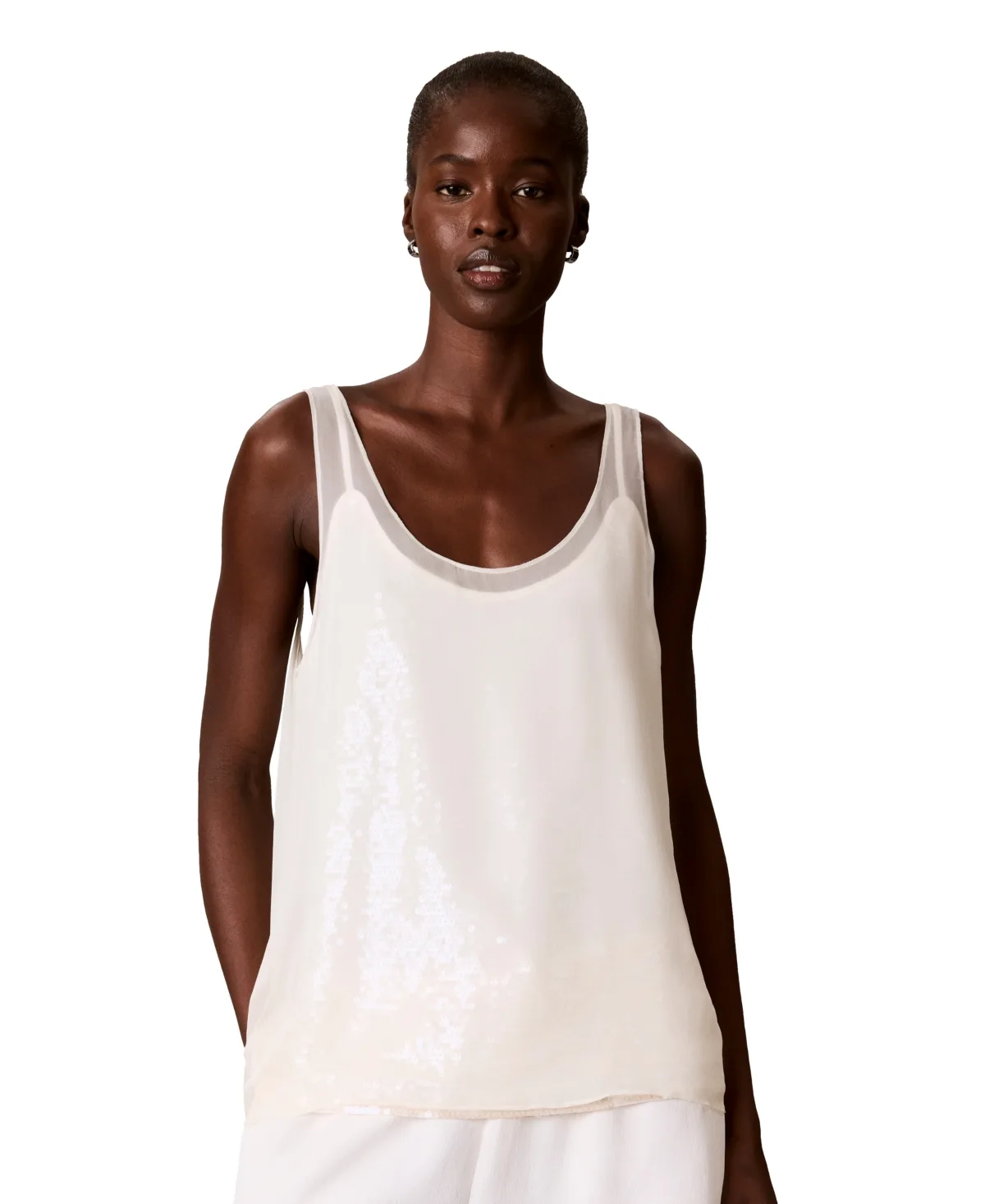 Double Layer Scoop Neck Sleeveless Sequin Tank by Calvin Klein