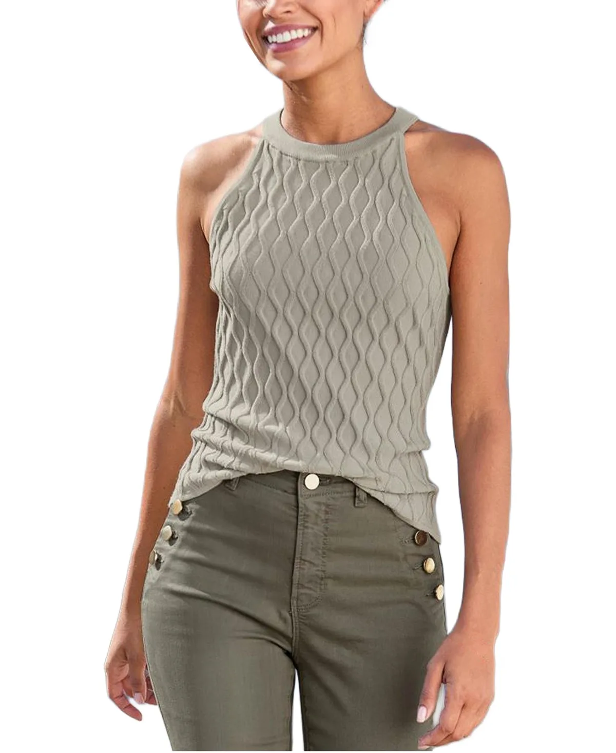 High-Neck Diamond-Knit Fitted Sweater - Stone by Lascana
