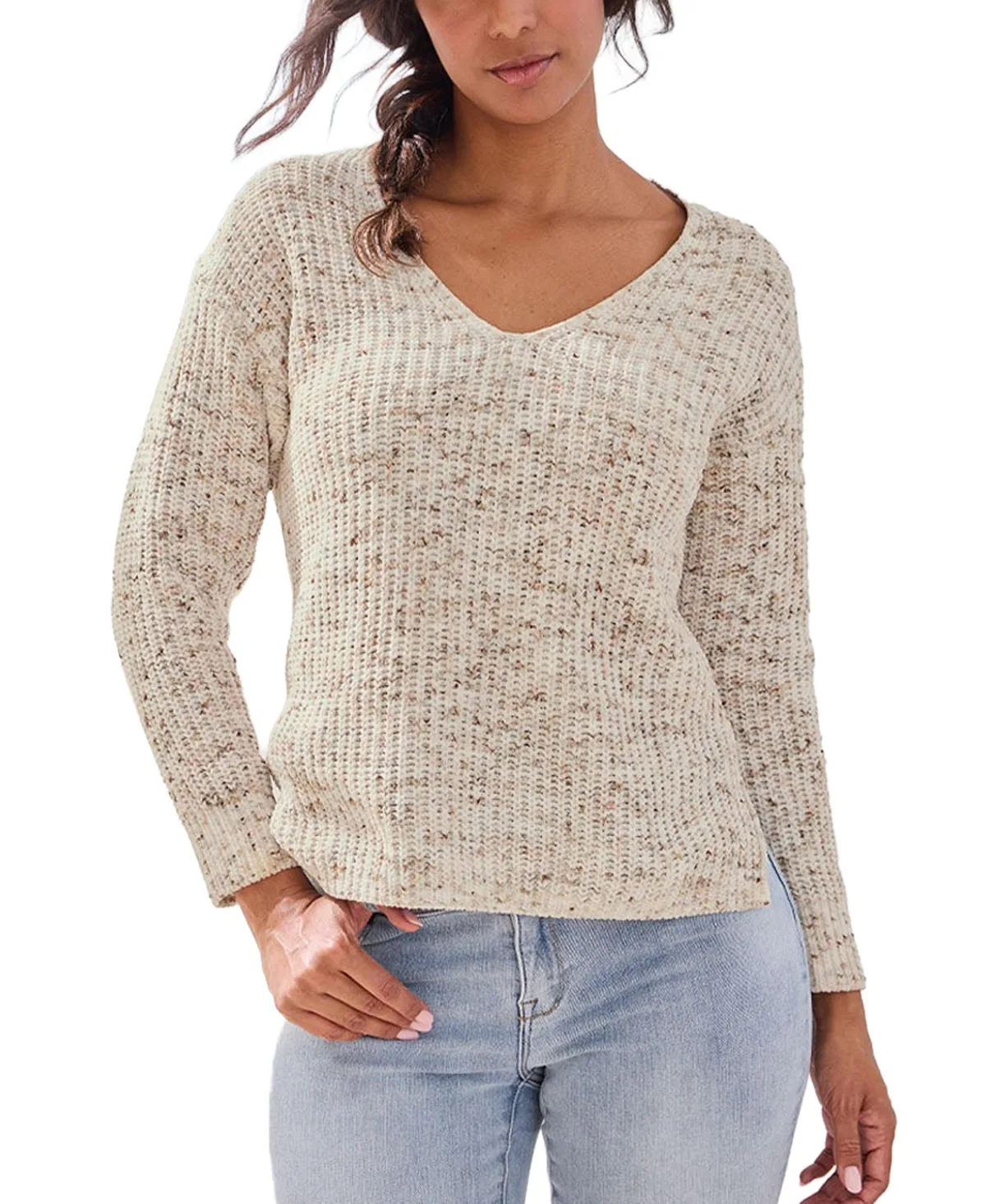 V-Neck Chenille-Knit Loose-Fit Side-Slit Sweater by Lascana
