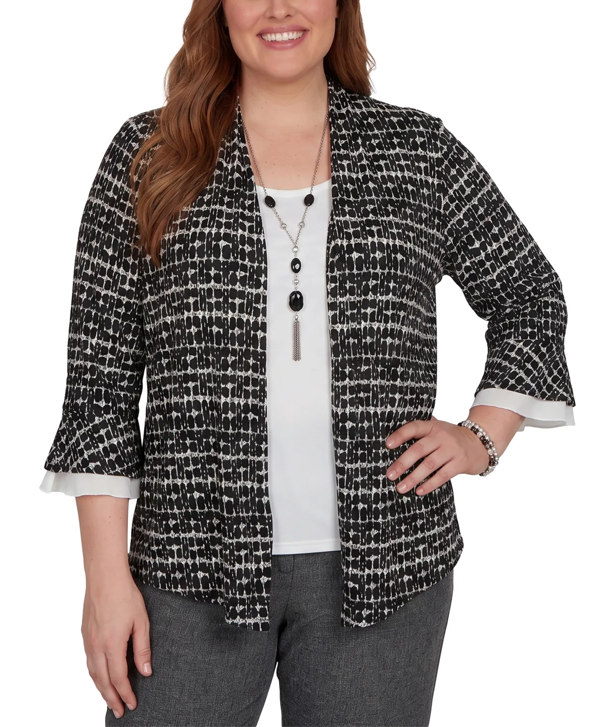3/4-Sleeve Bell-Sleeve Turtleneck Cardigan by Alfred Dunner