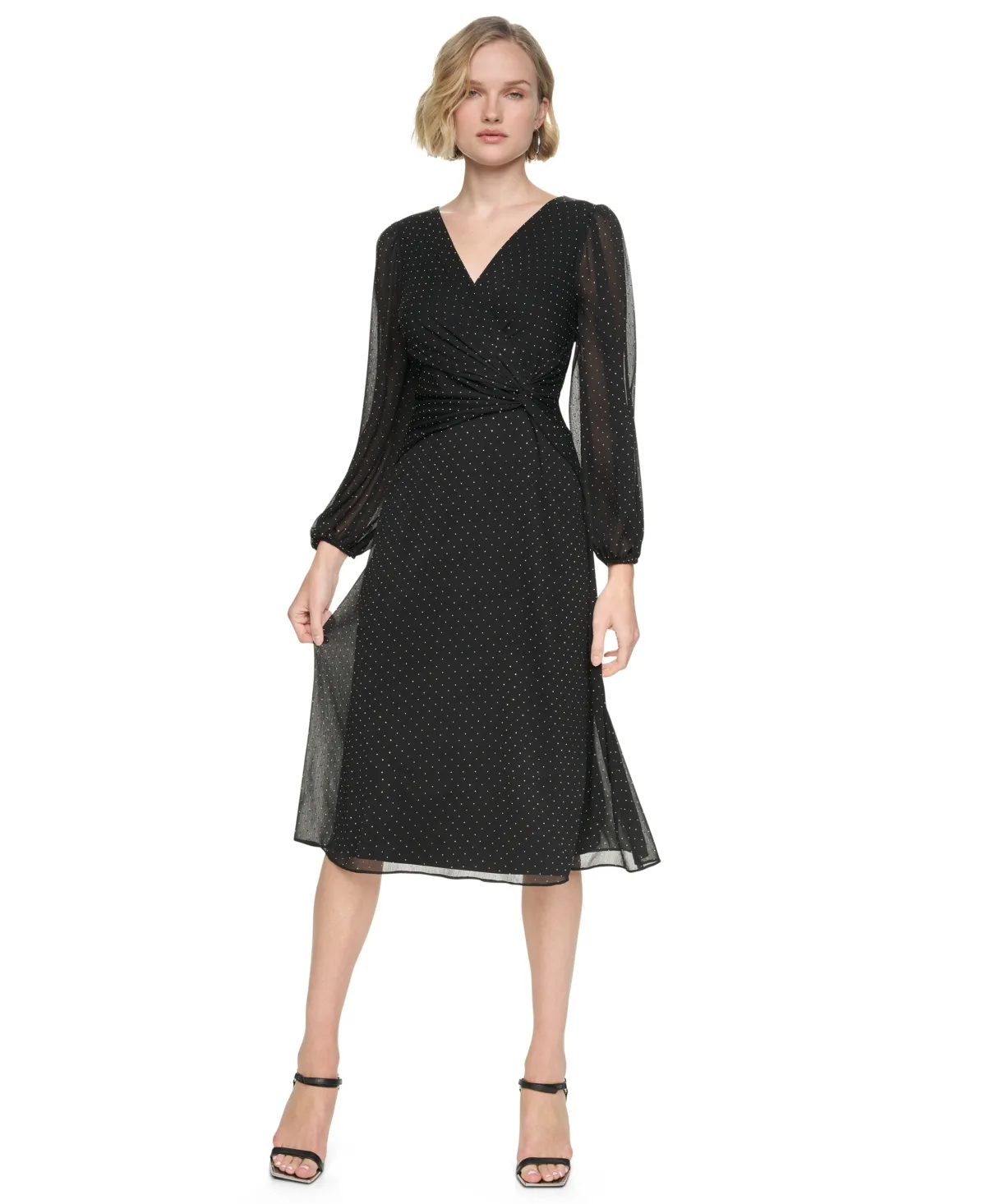 Polka-Dot Long-Balloon-Sleeve Midi Dress by DKNY