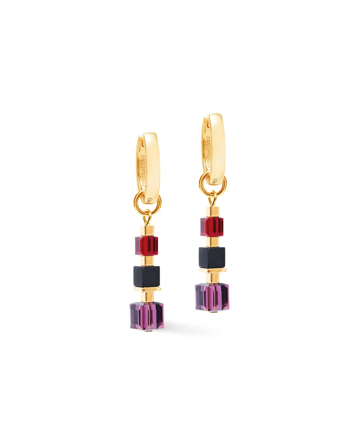 Multi-Stone Gold-Tone Geometric Cube Mix Precious Berry Hoop Earrings by Coeur De Lion
