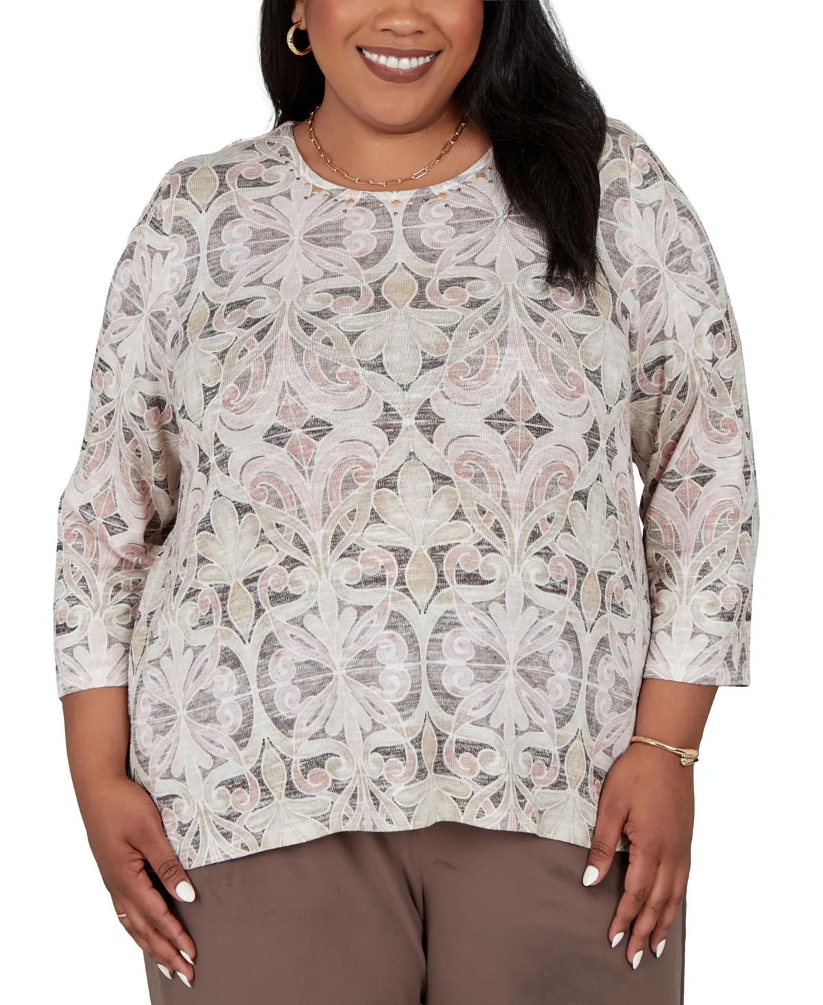 Printed 3/4-Sleeve Side-Slit T-Shirt by Alfred Dunner