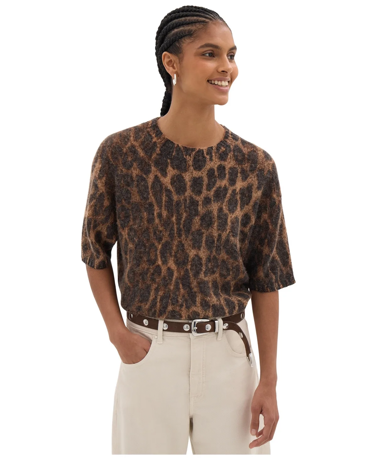 Maple Leopard Print Short-Sleeve Crewneck Knitted Top by Hush