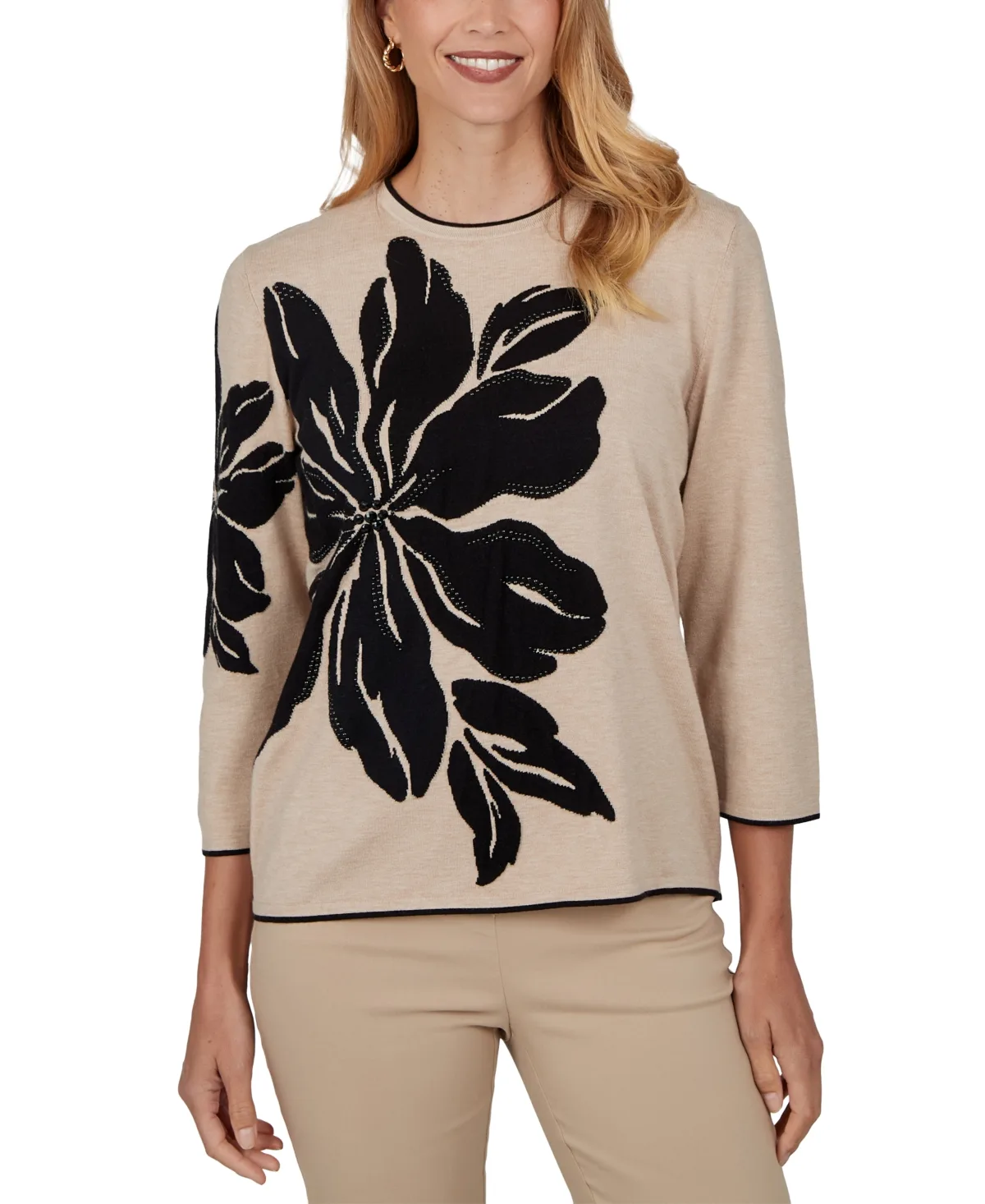 Floral Loose-Fit 3/4-Sleeve Pullover Sweater by Alfred Dunner