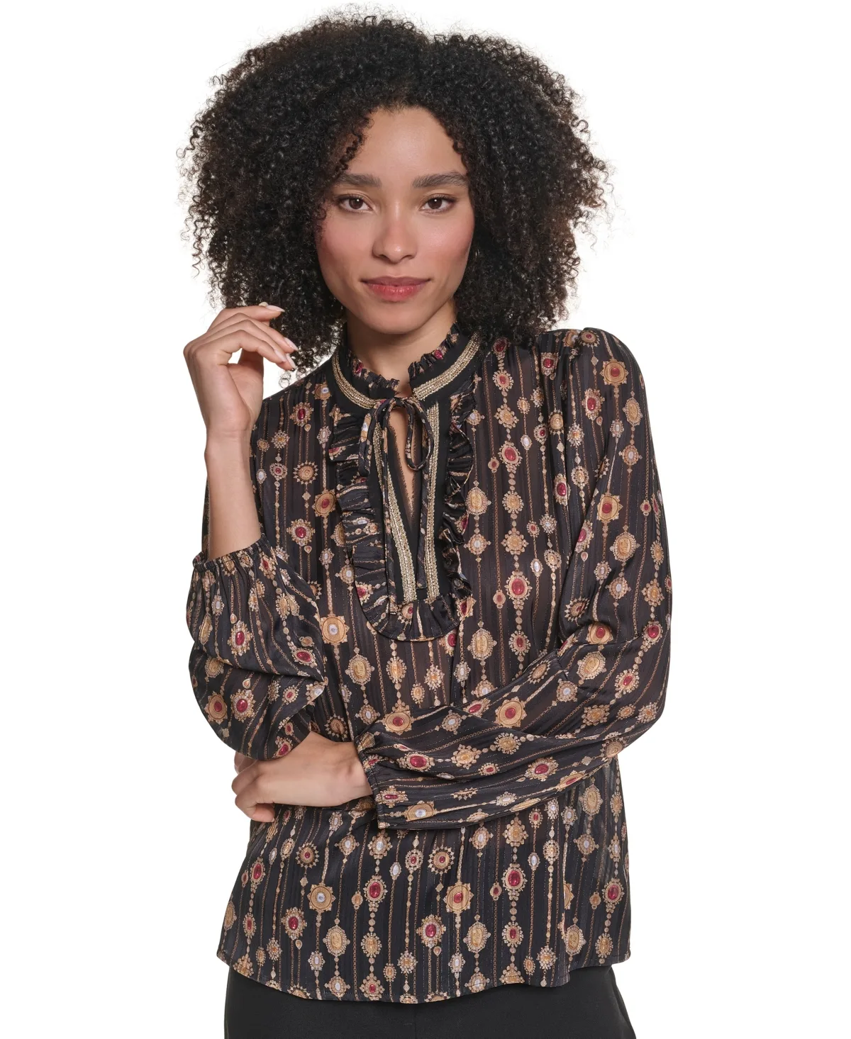Paris Petite Tie-Front Long-Sleeve Ruffle-Trim Blouse by Karl Lagerfeld