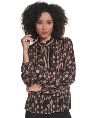 Paris Long Sleeve Tie Front Geometric Print Blouse by Karl Lagerfeld