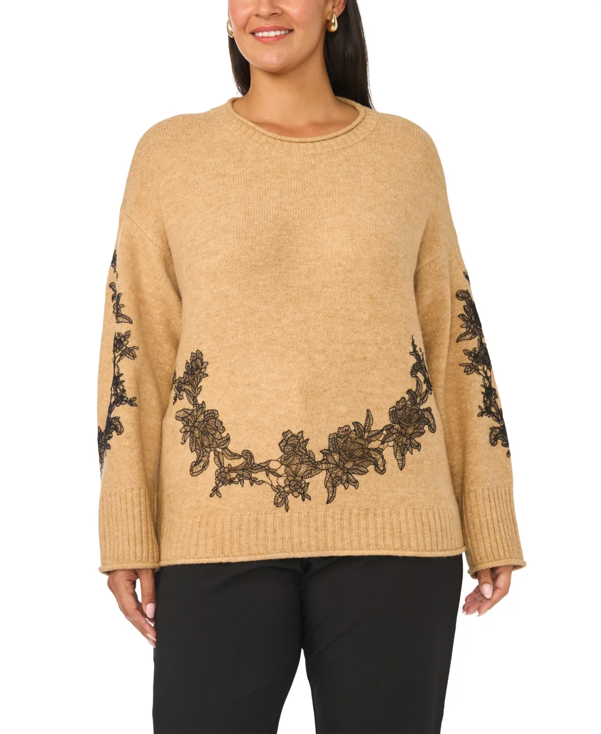 Lace Applique Crewneck Long Sleeve Sweater by Vince Camuto