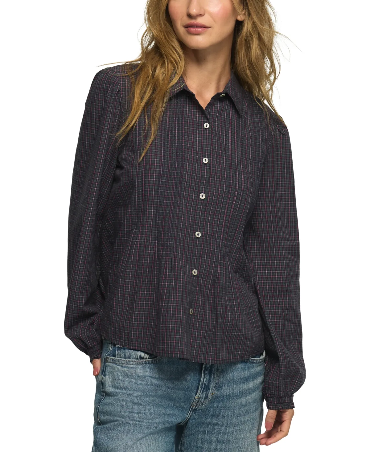 Novelty Long-Sleeve Plaid Pintuck Blouse by Lucky Brand