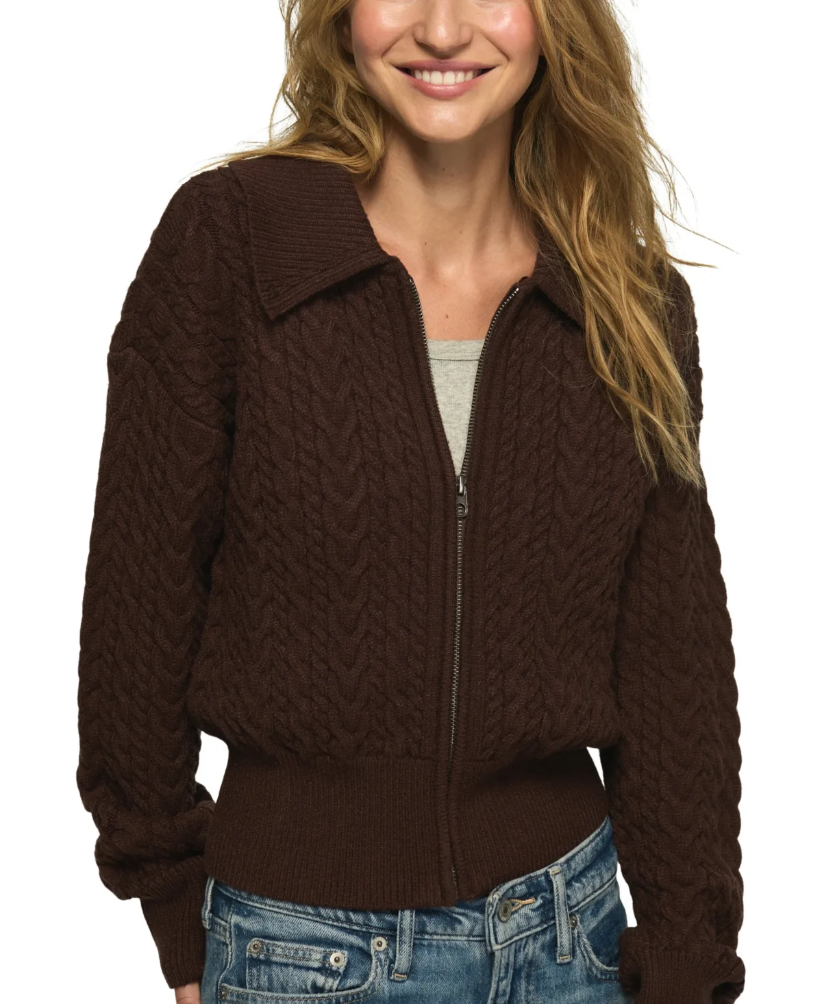 Full Zip Cable-Knit Faux Fur Collar Sweater Jacket by Lucky Brand