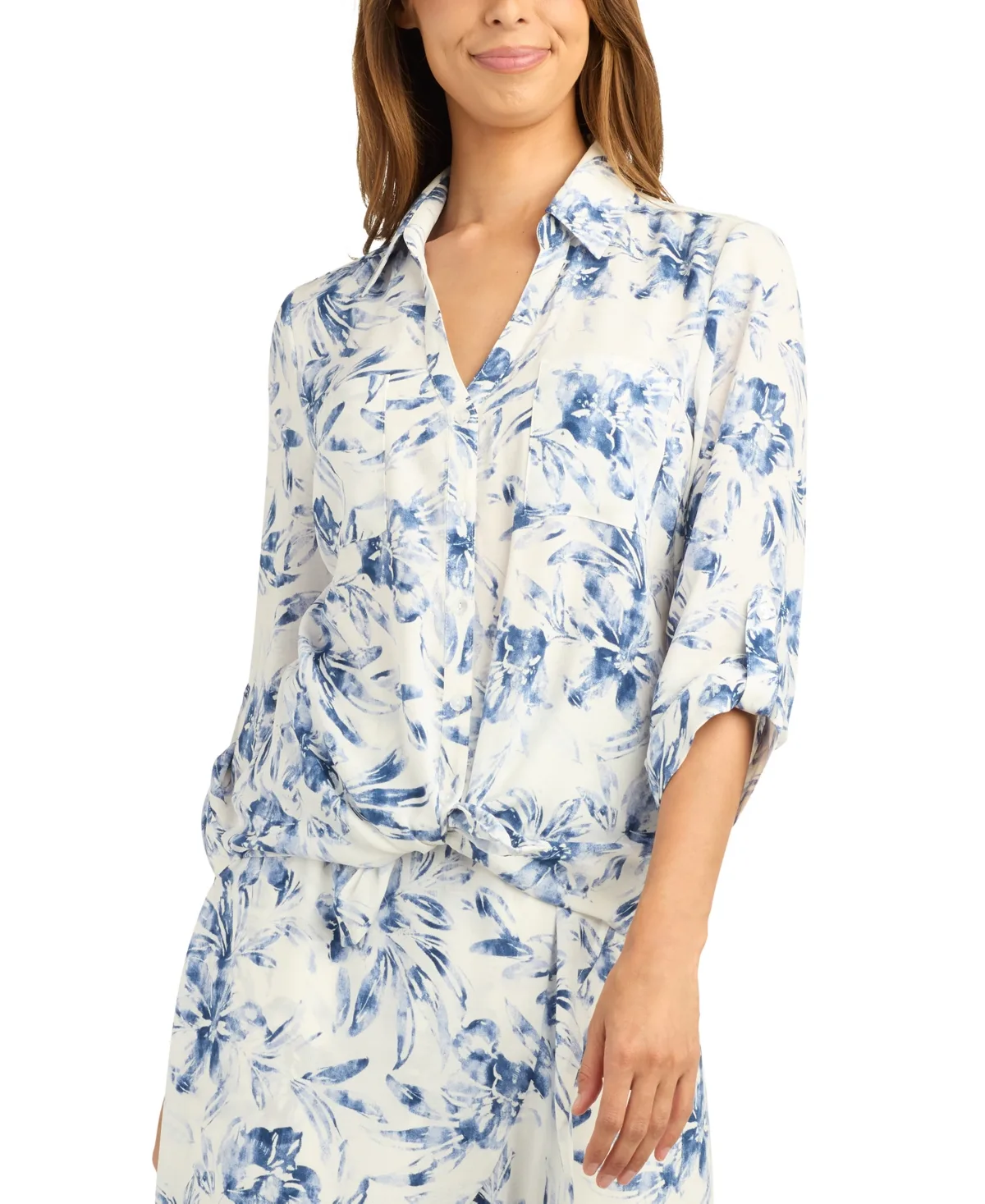 Tie-Front Floral 3/4-Sleeve Top by Bcx