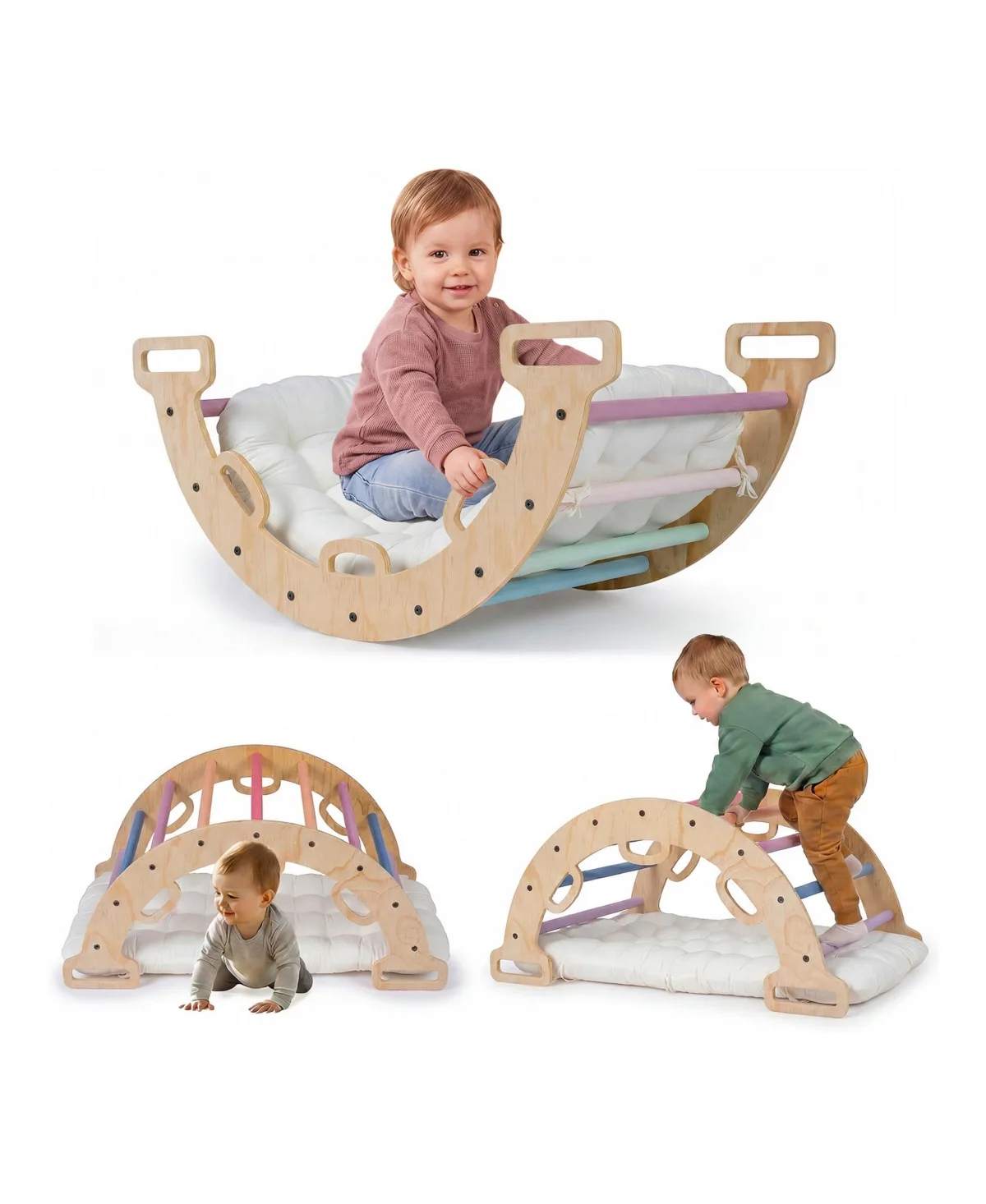 3-In-1 Wooden Rocking Climbing Arch for Toddlers with Cushion by Mecale