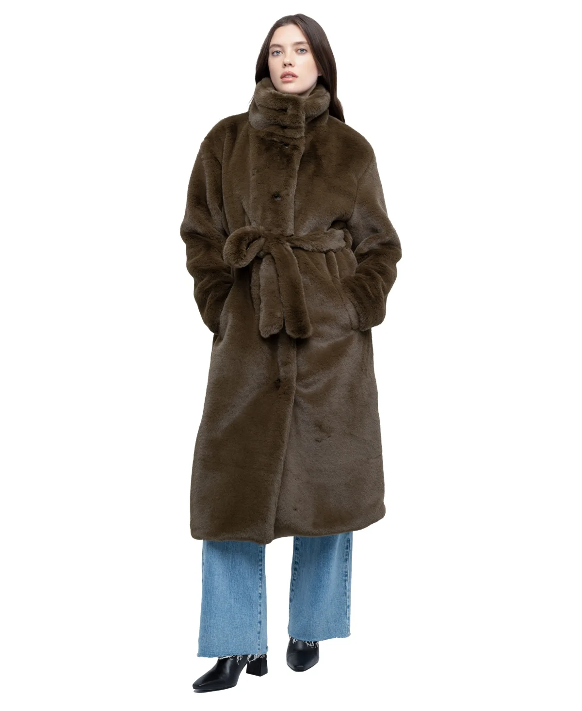 Faux Fur Funnel Neck Long Coat by Blank