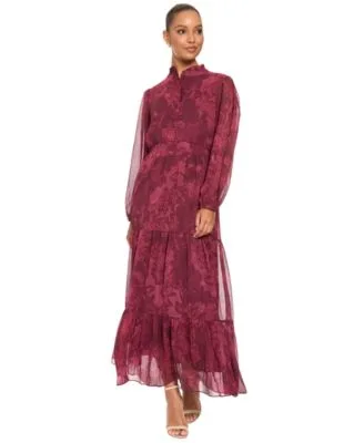 Floral Print Sheer Long Sleeve Tiered Long Dress by London Times