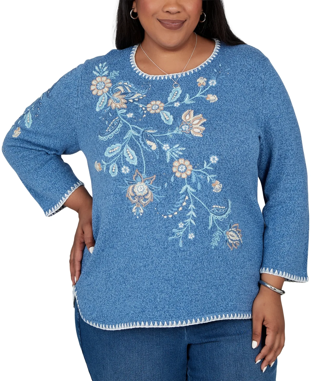 Embroidered 3/4-Sleeve Crewneck Pullover Sweater - Denim by Alfred Dunner