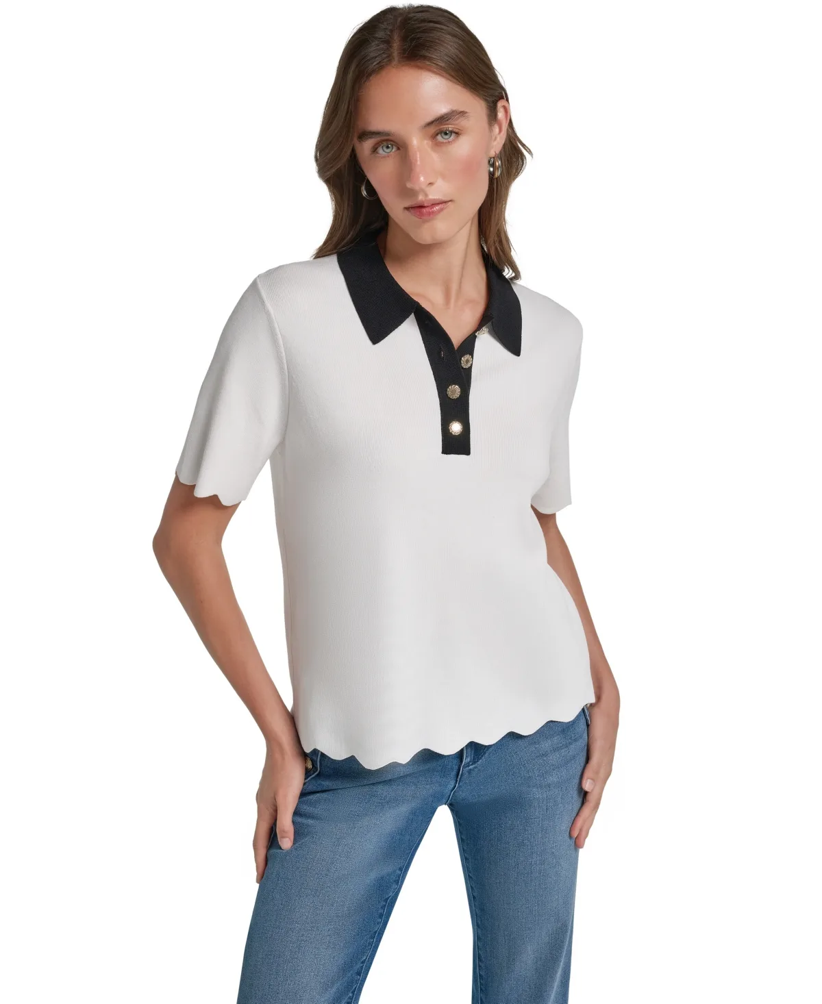 Johnny Collar Scalloped Hem Colorblock Polo T-Shirt by Karl Lagerfeld