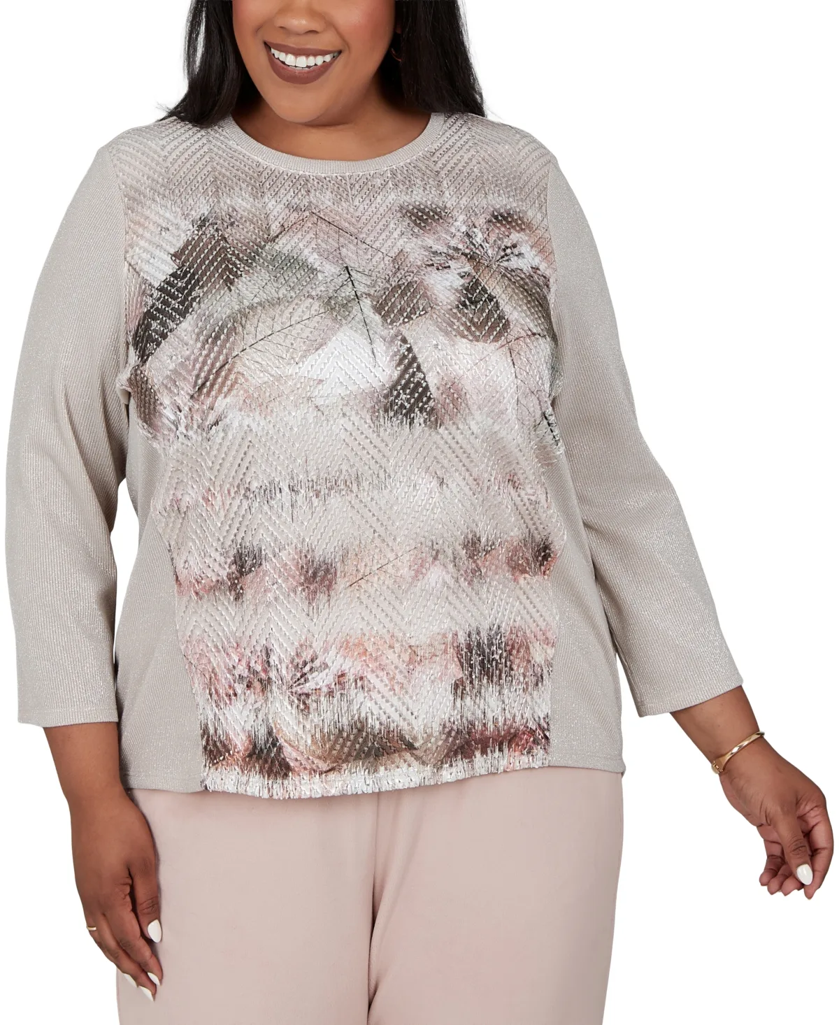 Crew Neck 3/4-Sleeve Knit Sweater - Stone by Alfred Dunner