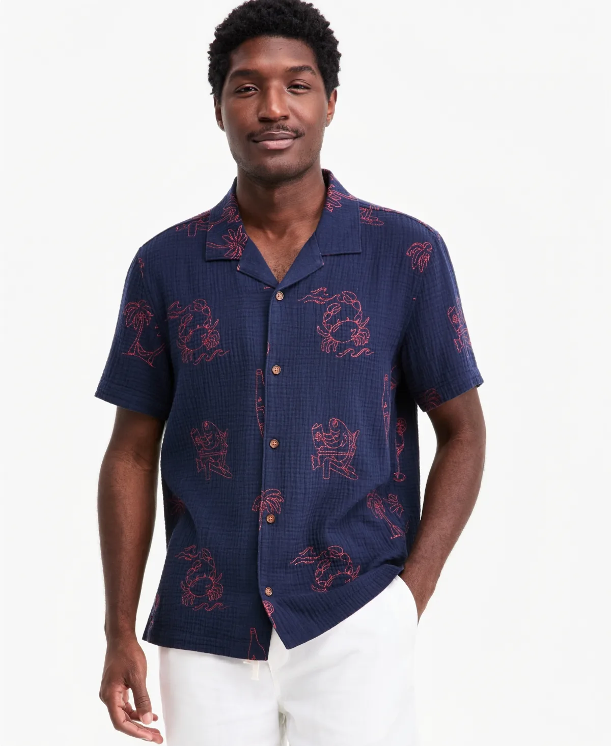 Camp Collar Short-Sleeve Allover Embroidery Button-Down Shirt by Sun  Stone