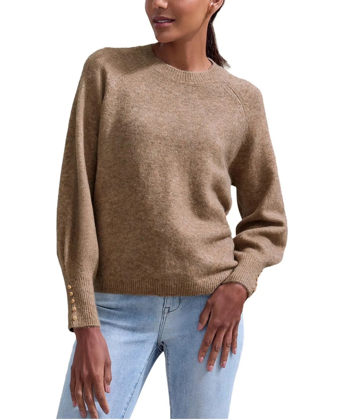 Button-Cuff Crewneck Raglan-Sleeve Sweater by Lascana