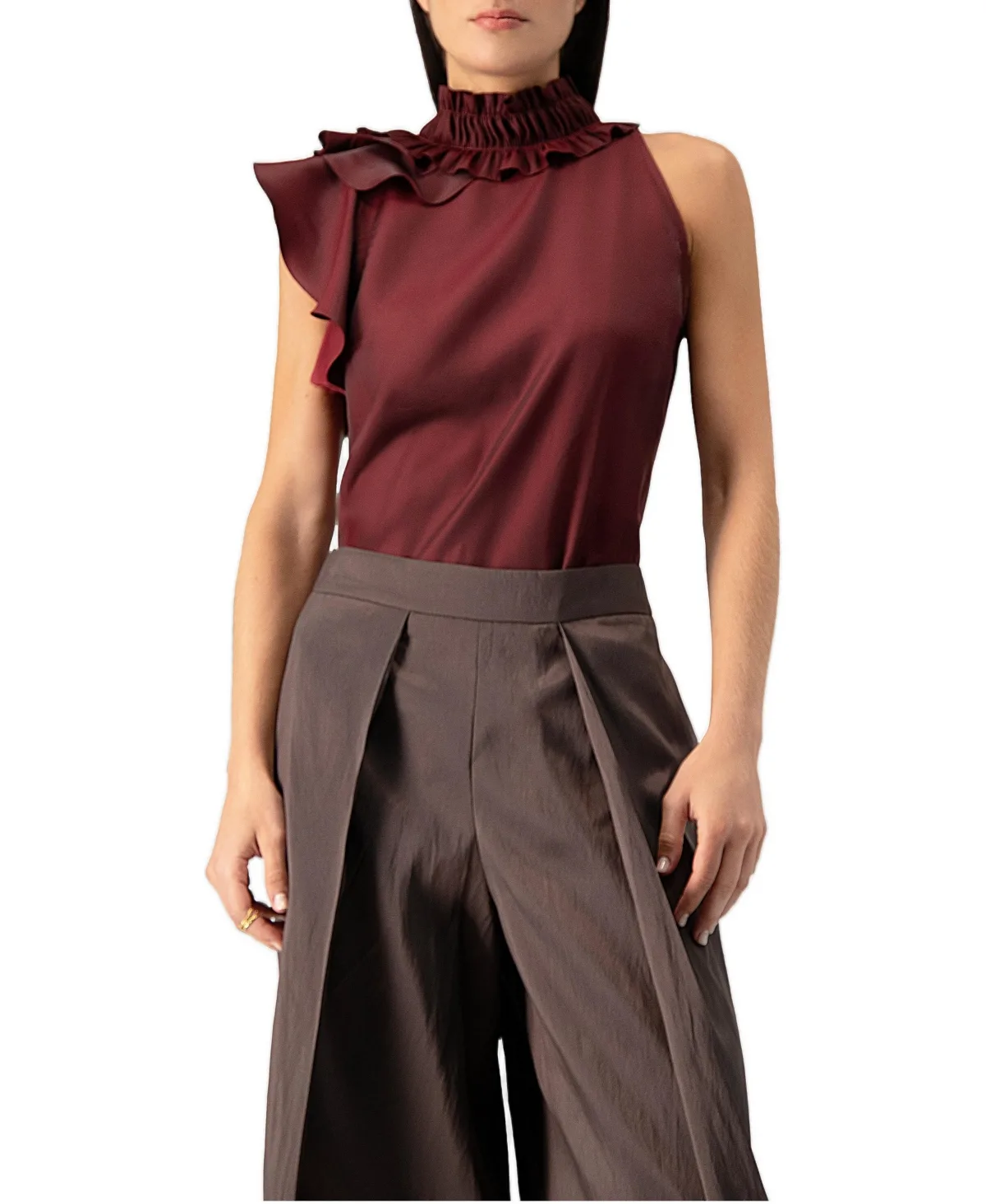 Ruffled-Collar Sleeveless Satin Blouse by Ivonne
