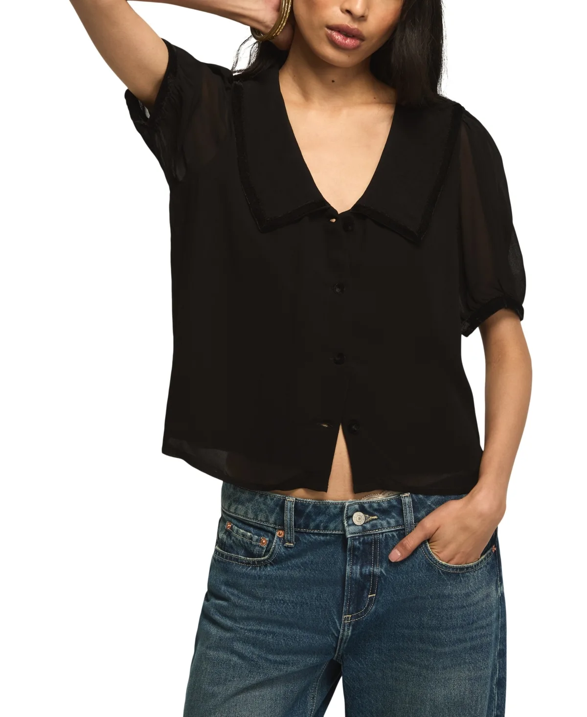 Short-Sleeve Peter Pan Collar Velvet Trim Blouse by Lucky Brand