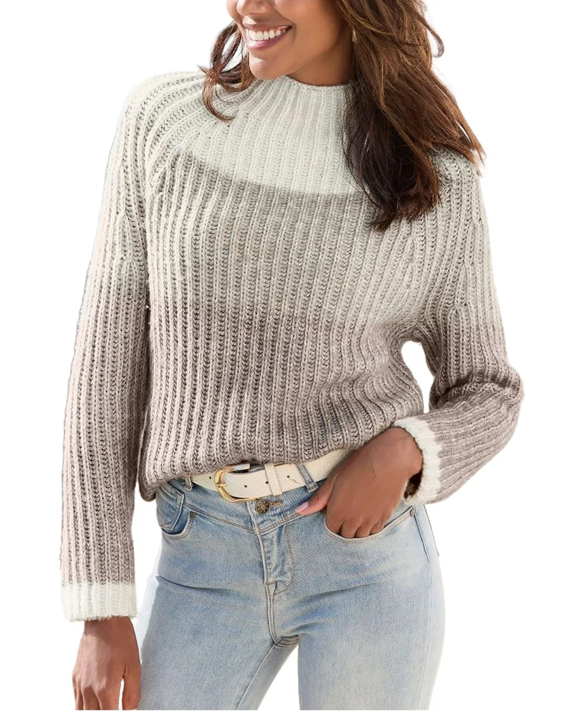 Mock-Neck Color-Block Ombre Long Raglan Sleeves Sweater by Lascana