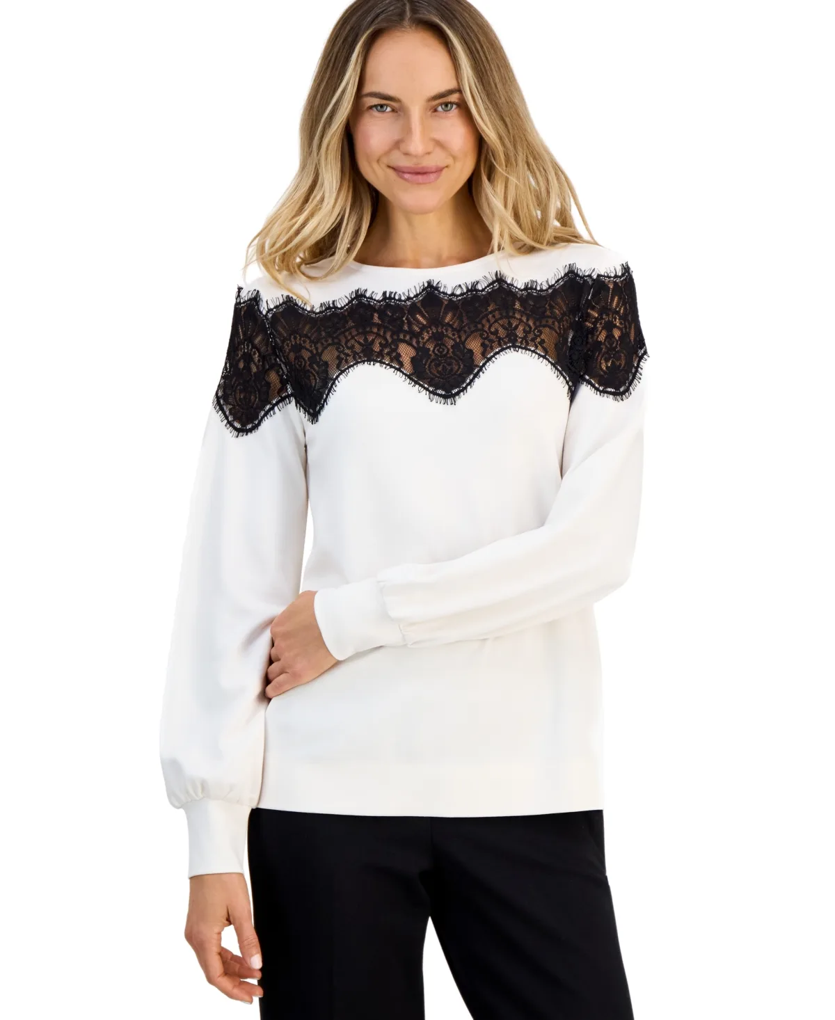 Puff-Sleeve Lace-Inset Blouse by Anne Klein