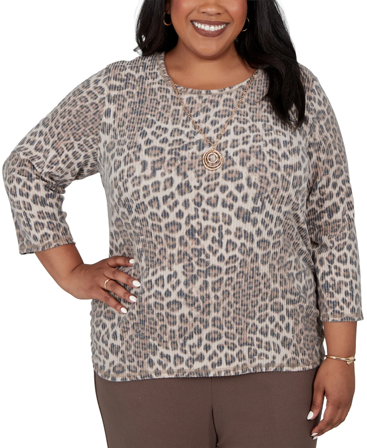 Leopard-Print 3/4-Sleeve Crewneck Blouse by Alfred Dunner