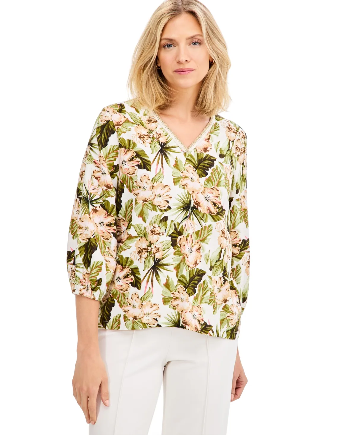 Printed Crochet Linen-Blend 3/4-Sleeve V-Neck Top by JM Collection