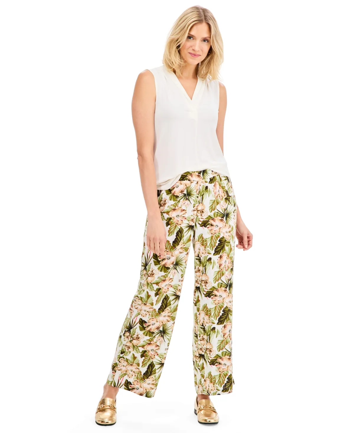 Printed Wide-Leg Linen-Blend Pull-On Pants by JM Collection