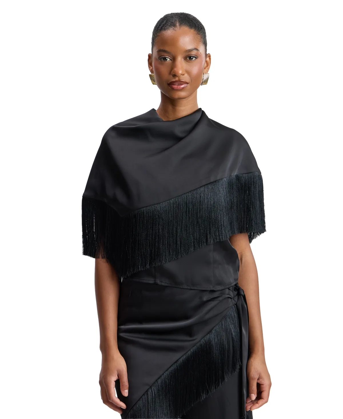 Avec Les Filles Satin Turtleneck Open-Back Blouse by Avec Les Filles