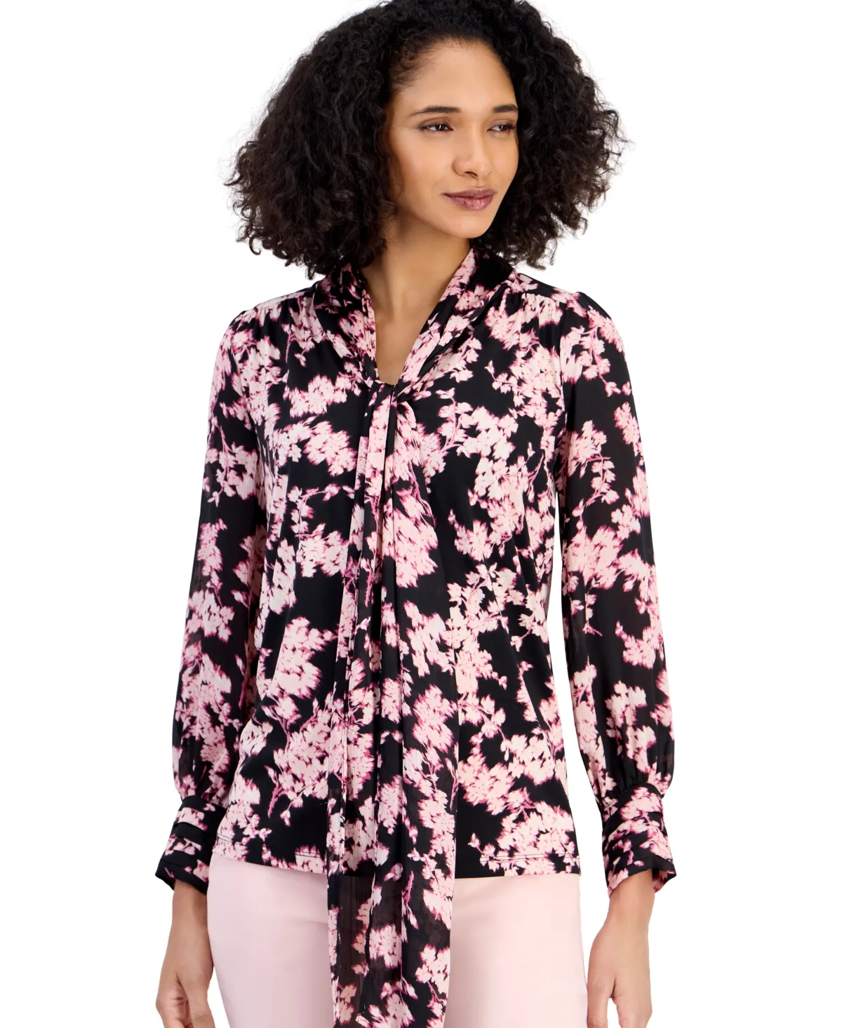 Petite Floral-Print Tie Neck Long Sleeve Blouse by Anne Klein