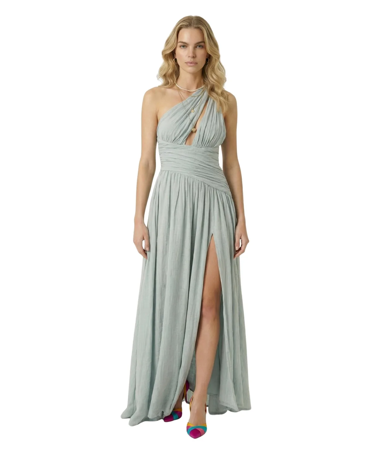 Pleated One-Shoulder Keyhole Gown by Modenaire