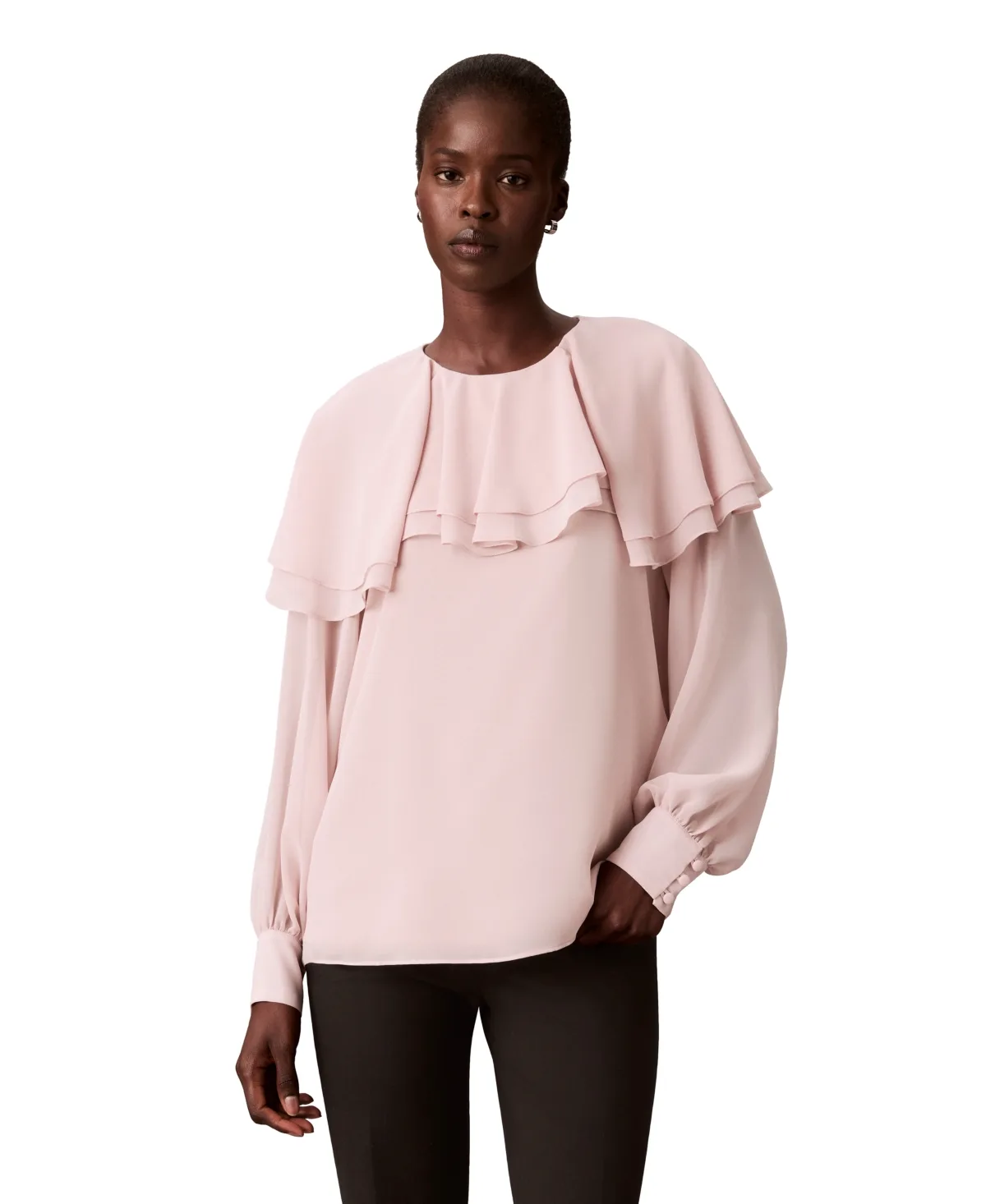 Tiered Ruffle Neck Raglan Long-Sleeve Chiffon Blouse by Calvin Klein