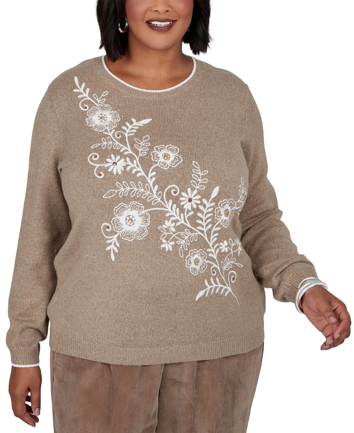 Floral-Embroidery Crew-Neck Long-Sleeve Sweater by Alfred Dunner