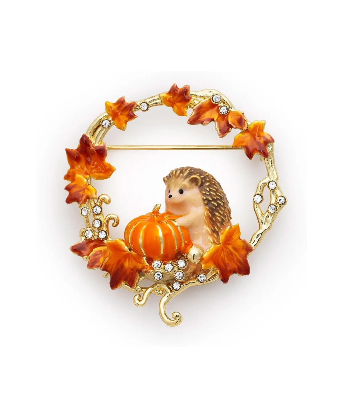 Bill Skinner Studio Crystal Hedgehog and Pumpkin Hand-Painted Enamel Brooch by Bill Skinner Studio