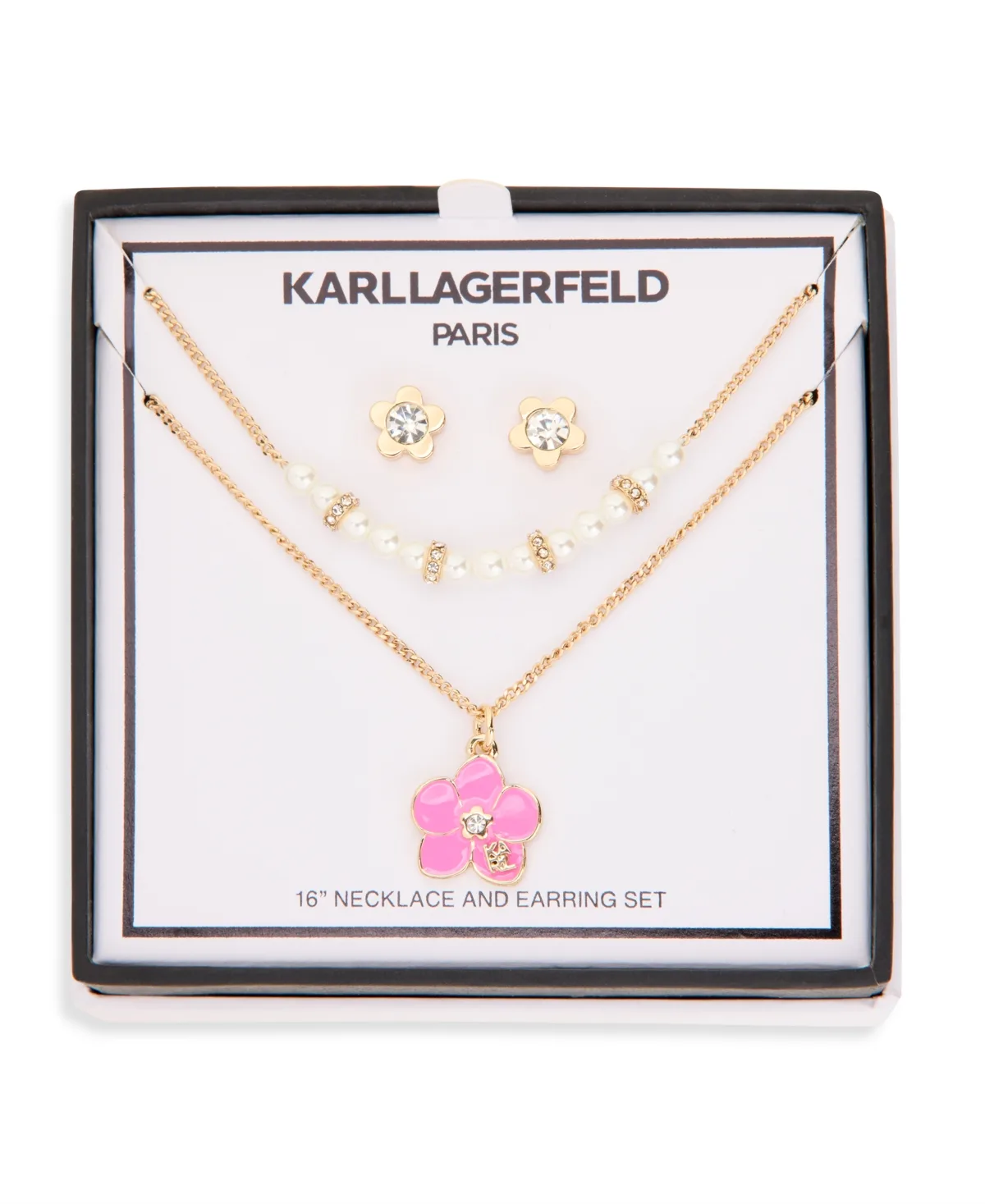 Gold-Tone Pink Flower Necklace and Earring Set by Karl Lagerfeld