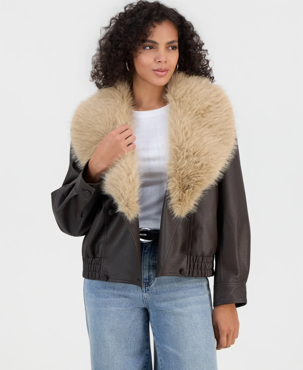 Faux Leather and Faux Fur Shawl-Collar Bomber Jacket by And Now This